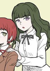  2girls :o black_ribbon brown_background brown_jacket collared_shirt commentary_request danganronpa_(series) danganronpa_3_(anime) dress_shirt freckles green_hair hand_on_another&#039;s_shoulder hope&#039;s_peak_academy_school_uniform jacket koizumi_mahiru long_hair long_sleeves multiple_girls namu_(nurui_cha) neck_ribbon purple_eyes red_hair red_ribbon ribbon satou_(danganronpa) school_uniform shirt short_hair simple_background solo_focus upper_body white_shirt 