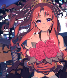  akino_(christmas)_(princess_connect!) akino_(princess_connect!) bare_shoulders blush bouquet breasts closed_mouth collarbone female flower gloves large_breasts long_hair looking_at_viewer lunch_(shin_new) parted_bangs ponytail princess_connect! purple_eyes red_gloves red_hair rose sidelocks smile solo_focus tiara 