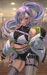  absurdres aqua_eyes archinoer blue_hair breasts colored_inner_hair contrapposto cowboy_shot crop_top earrings female fishnet_pantyhose fishnets gloves grey_hair hair_ornament hairclip highres hololive hololive_indonesia jacket jacket_partially_removed jewelry long_hair midriff multicolored_hair navel necklace official_alternate_costume open_mouth pantyhose pavolia_reine pavolia_reine_(streetwear) ponytail shorts single_leg_pantyhose single_thighhigh skindentation solo standing streaked_hair sweat thighhighs virtual_youtuber 