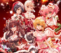  5girls :d ;) absurdres baocaizi black_hair black_skirt blonde_hair blue_eyes bow breasts brown_eyes brown_hair choker christmas cleavage closed_mouth collarbone commentary_request covered_navel criss-cross_halter crop_top detached_sleeves dress elbow_gloves floating_hair fur-trimmed_dress fur-trimmed_gloves fur-trimmed_headwear fur-trimmed_skirt fur-trimmed_sleeves fur_trim gloves green_eyes groin hairbow halterneck hat hayami_kanade head_tilt highres ichinose_shiki idolmaster idolmaster_cinderella_girls jougasaki_mika large_breasts layered_sleeves lipps_(idolmaster) long_hair long_sleeves looking_at_viewer merry_christmas microskirt midriff miniskirt miyamoto_frederica multiple_girls nail_polish navel one_eye_closed parted_lips pencil_skirt pink_hair pink_headwear red_bow red_dress red_eyes red_gloves red_headwear red_nails red_skirt red_sleeves santa_costume santa_hat shiomi_syuko short_hair skirt smile snowflakes sparkle stomach strapless strapless_dress striped_clothes striped_headwear striped_sleeves twintails very_long_hair white_bow white_choker white_hair yellow_eyes 