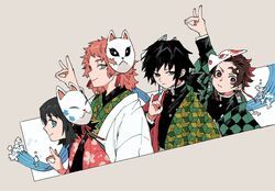  3boys :i black_eyes black_hair black_shirt blue_eyes checkered_haori demon_slayer_uniform earrings expressionless female floral_print forehead fox_mask fox_shadow_puppet grey_background hair_slicked_back haori jacket japanese_clothes jewelry kamado_tanjirou kimetsu_no_yaiba kimono long_hair looking_at_viewer makomo_(kimetsu) mask mask_on_head medium_hair multiple_boys newo_(shinra-p) pink_hair pink_kimono ponytail red_eyes sabito_(kimetsu) scar scar_on_face scar_on_forehead shirt smile tomioka_giyuu upper_body white_jacket 