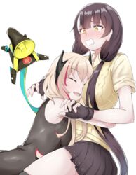  2girls absurdres banana_(girls&#039;_frontline) black_gloves black_hair black_skirt blonde_hair blush breasts closed_eyes fangs fingerless_gloves girls&#039;_frontline gloves heterochromia highres hug large_breasts long_hair m4_sopmod_ii_(girls&#039;_frontline) m4_sopmod_ii_(mod3)_(girls&#039;_frontline) multicolored_hair multiple_girls non-humanoid_robot open_mouth physisyoon red_eyes red_hair ro635_(girls&#039;_frontline) robot short_sleeves simple_background skirt streaked_hair vest white_background white_hair yellow_eyes 