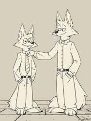  3:4 barefoot belt belt_buckle big_ears black_and_white bow_tie buckle business_attire business_suit businesswear canid canine canis cheek_tuft clothing curled_hair dress_shirt duo ears_up facial_tuft father_(lore) father_and_child_(lore) father_and_son_(lore) feet floor fluffy fluffy_tail hair hand_on_shoulder head_hair head_tuft hi_res hindpaw ink inked line_art long_pants long_tail male mammal monochrome neck_tuft necktie office_worker parent_(lore) parent_and_child_(lore) parent_and_son_(lore) paws proud shirt softailfox son_(lore) spiky_hair suit tail topwear tuft white_clothing white_shirt white_shirt_collar white_shirt_cuffs white_topwear wolf wood wood_floor 