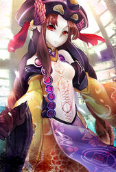  brown_hair female hat indoors long_hair lord_of_vermilion_iii napoli-tan_(deuil) pale_skin purple_hat red_eyes solo standing wide_sleeves wu_zetian_(lord_of_vermillion) 