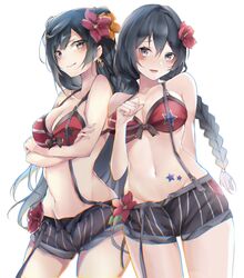  2girls :d absurdres bad_id bad_twitter_id bare_shoulders bikini bikini_top_only black_shorts blush braid breasts caicos cleavage collarbone commentary_request cowboy_shot crossed_arms dual_persona flower front-tie_bikini_top front-tie_top grey_eyes hair_flower hair_ornament highres large_breasts long_hair love_live! love_live!_nijigasaki_high_school_idol_club multiple_girls nakagawa_nana navel open_fly open_mouth orange_flower red_flower short_shorts shorts smile standing stomach suspenders swimsuit thighs yuki_setsuna_(love_live!) 