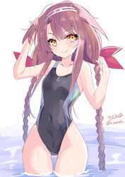  absurdres ahoge anchor_symbol asymmetrical_bangs black_one-piece_swimsuit braid breasts competition_swimsuit covered_navel female hair_flaps hair_ribbon hairband highleg highleg_swimsuit highres hizaka kantai_collection kawakaze_(kancolle) kawakaze_kai_ni_(kancolle) long_hair looking_at_viewer low_twintails one-hour_drawing_challenge one-piece_swimsuit red_eyes red_hair ribbon sidelocks small_breasts smile solo standing swimsuit twin_braids twintails very_long_hair wading water 