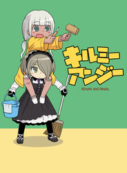  2girls anklet black_gloves black_legwear blunt_bangs bracelet broom bucket carrying character_name commentary_request danganronpa_(series) danganronpa_v3:_killing_harmony dark-skinned_female dark_skin dress ganguro gloves green_background green_eyes grey_background hair_over_one_eye jacket jewelry kill_me_baby long_hair low_twintails maid maid_headdress mallet multiple_girls namu_(nurui_cha) necktie pantyhose parody pearl_bracelet pun purple_necktie short_hair shoulder_carry simple_background skirt smile title_parody tojo_kirumi twintails white_hair yellow_jacket yonaga_angie 