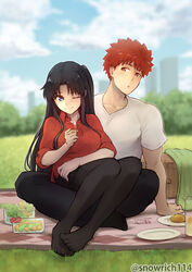  1boy black_hair black_pantyhose blue_eyes blurry blurry_background brown_eyes brown_hair cloud cloudy_sky commentary_request day emiya_shirou fate/stay_night fate_(series) female food grass hair_ribbon highres iida_toyoyuki legs long_hair one_eye_closed outdoors pantyhose plate ponytail ribbon sitting sky summer tohsaka_rin 