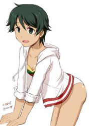  bikini bikini_under_clothes black_hair breasts commentary_request cowboy_shot drawstring female green_eyes hood hooded_jacket hoodie jacket kantai_collection leaning_forward mogami_(kancolle) mogami_(swimsuit_mode)_(kancolle) multicolored_bikini multicolored_clothes nao_(nao_eg) short_hair simple_background small_breasts solo swimsuit white_background white_jacket 