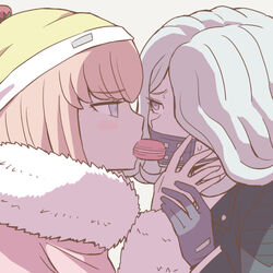  2girls ando_ruruka closed_eyes commentary_request danganronpa_(series) danganronpa_3_(anime) food food_in_mouth from_side fur_collar fur_trim gloves hand_up jacket kimura_seiko looking_at_another lowres mask mouth_mask multiple_girls namu_(nurui_cha) profile purple_gloves sharing_food short_hair simple_background sweatdrop upper_body yellow_headwear yuri 