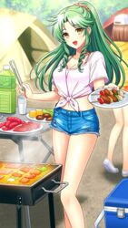  2girls :d bare_legs blue_shorts breasts cleavage collarbone crop_top day denim denim_shorts doukyuusei doukyuusei_another_world drill_hair floating_hair game_cg green_hair holding holding_plate long_hair medium_breasts midriff multiple_girls navel outdoors plate sakuma_chiharu shirt short_shorts short_sleeves shorts smile solo_focus stomach t-shirt tent tied_shirt white_shirt yellow_eyes 