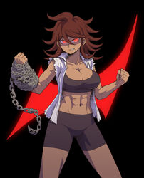  abs alternate_costume alternate_eye_color bike_shorts black_background black_shorts breasts brown_hair chains cleavage clenched_hands clenched_teeth commentary_request cowboy_shot danganronpa_(series) danganronpa_2:_goodbye_despair dark-skinned_female dark_skin female large_breasts legs_apart long_hair looking_at_viewer muscular muscular_female namu_(nurui_cha) navel open_clothes open_shirt owari_akane red_background red_eyes shirt shorts solo standing stomach teeth torn_clothes torn_shirt 