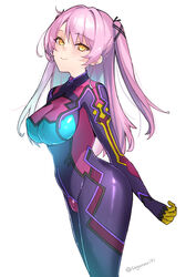  arms_behind_back bodysuit breasts commentary_request covered_nipples female glowing hoshimi_suzuka large_breasts long_hair looking_at_viewer purple_hair sagara_riri senpai_ga_ore_to_chikyuu_wo_horoboshi_ni_kiteru simple_background skin_tight smile smug solo standing twitter_username two_side_up white_background yellow_eyes 