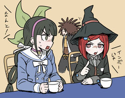  1boy 2girls black_hair black_headwear black_jacket blue_shirt blush_stickers bow brown_background brown_eyes brown_hair buttons chabashira_tenko chair choker commentary_request cup danganronpa:_trigger_happy_havoc danganronpa_(series) danganronpa_v3:_killing_harmony double-breasted dreadlocks from_side hagakure_yasuhiro hair_ornament hairband hat index_finger_raised jacket long_hair long_sleeves looking_at_another multiple_girls namu_(nurui_cha) open_mouth pink_choker pink_hairband red_hair sailor_collar shirt short_hair simple_background sitting sweat table teacup translation_request white_bow white_sailor_collar witch_hat yumeno_himiko 