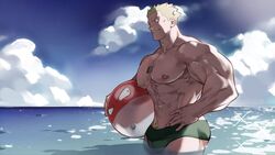  1boy abs alternate_costume alternate_pectoral_size bara blonde_hair blue_sky bulge cloud commentary day dizdoodz highres holding holding_pokemon jewelry large_pectorals male_focus male_swimwear muscular muscular_male navel navel_hair necklace nipples ocean outdoors pectorals pokemon pokemon_(creature) pokemon_hgss short_hair sky smile solo_focus spiked_hair stomach sunlight surge_(pokemon) swim_briefs symbol-only_commentary thick_thighs thighs topless_male voltorb water 