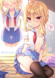  :o :t ass black_legwear blonde_hair blue_sailor_collar blue_skirt blue_swimsuit blush bra bra_removed braid breasts closed_mouth collarbone commentary_request faceless faceless_female female heart heart_panties heart_print long_hair multiple_views navel no_bra no_panties open_clothes open_shirt open_skirt original panties panties_removed parted_lips pleated_skirt polka_dot polka_dot_bra polka_dot_panties pouch print_bra print_panties puffy_short_sleeves puffy_sleeves purple_bra purple_panties red_eyes red_neckwear sailor_collar school_uniform serafuku shikitani_asuka shirt short_sleeves single_braid skirt small_breasts spoken_squiggle squiggle swimsuit swimsuit_removed thighhighs twitter_username underwear very_long_hair wavy_mouth wet white_shirt wooden_floor 