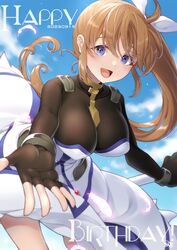  black_gloves blue_eyes blush breasts brown_hair female fingerless_gloves gloves hair_ribbon happy_birthday highres large_breasts long_hair looking_at_viewer lyrical_nanoha magical_girl mahou_shoujo_lyrical_nanoha_strikers open_mouth pucho ribbon side_ponytail smile solo takamachi_nanoha takamachi_nanoha_(exceed_mode) 