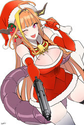  ;) adapted_costume ahoge aiming aiming_at_viewer bell blonde_hair blunt_bangs bow breasts butcha-u christmas cleavage cleavage_cutout clothing_cutout dragon_girl dragon_horns dragon_tail dress elbow_gloves eyelashes female fur-trimmed_dress fur-trimmed_gloves fur_trim gloves gun handgun hat highres holding holding_gun holding_sack holding_weapon hololive horn_bell horn_bow horn_ornament horns huge_ahoge jingle_bell kiryu_coco kiryu_coco_(1st_costume) large_breasts long_hair looking_at_viewer multicolored_hair oerba_yun_fang one_eye_closed orange_hair pointy_ears red_dress red_eyes red_gloves sack santa_dress santa_gloves santa_hat short_dress single_thighhigh skin_fang sleeveless sleeveless_dress smile solo standing streaked_hair tail thigh_strap thighhighs virtual_youtuber weapon 