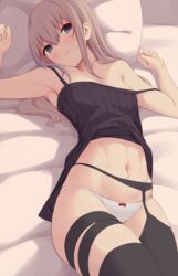  absurdres act_(xadachit) armpits arms_up bare_arms bare_shoulders bed bed_sheet black_thighhighs blue_eyes bow bow_panties breasts camisole clenched_hands collarbone commentary female garter_belt girls&#039;_frontline hair_over_shoulder head_tilt highres legs_together long_hair looking_at_viewer lying midriff multicolored_hair navel off_shoulder on_back on_bed panties pillow pink_hair purple_hair sidelocks small_breasts solo st_ar-15_(girls&#039;_frontline) streaked_hair thigh_strap thighhighs underwear white_panties 