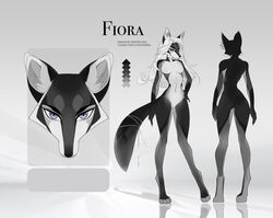  2023 anthro artist_name ass black_body black_nose breasts canid dated featureless_breasts featureless_crotch female fiora_(ruxandra) front_view glistening glistening_eyes grey_body hair hi_res inner_ear_fluff long_hair long_legs looking_at_viewer mammal model_sheet mouth_closed nude purple_eyes rear_view reflection solo standing tuft unknowhiter white_body white_hair white_inner_ear_fluff 