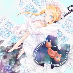  abigail_williams_(fate) abigail_williams_(festival_outfit)_(fate) alternate_costume asa_(1asa-0-asa1) bad_id bad_pixiv_id black_footwear black_skirt blonde_hair bloomers blue_eyes blush braid breasts dress enmaided fate/grand_order fate_(series) female forehead french_braid highres hugging_own_legs keyhole knees_up layered_skirt long_hair looking_at_viewer maid maid_headdress mop official_alternate_costume parted_bangs sash sidelocks skirt sleeves_past_fingers sleeves_past_wrists small_breasts stuffed_animal stuffed_toy teddy_bear underwear very_long_hair white_bloomers white_dress 