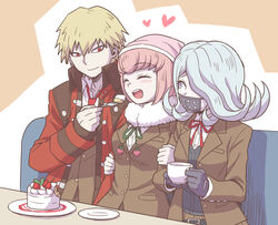  1boy 2girls ando_ruruka black_vest blonde_hair blush breasts brown_background brown_jacket cake closed_eyes collared_shirt commentary_request danganronpa_(series) danganronpa_3_(anime) dress_shirt feeding flipped_hair food fork fruit gloves grey_eyes heart holding holding_cake holding_food holding_fork hope&#039;s_peak_academy_school_uniform izayoi_sounosuke jacket kimura_seiko large_breasts long_sleeves mask medium_hair mouth_mask multiple_girls namu_(nurui_cha) neck_ribbon necktie open_mouth pink_hair pink_shirt red_eyes red_jacket red_necktie red_ribbon ribbon school_uniform shirt short_hair simple_background sitting strawberry vest white_background white_shirt 