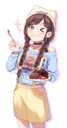  &gt;_o ;t animal_hat bare_shoulders beanie black_choker blue_shirt bracelet breasts brown_hair cake choker closed_mouth clothes_writing commentary_request female food food_in_mouth food_on_face fork fruit hair_over_shoulder hair_ribbon hat highres holding holding_fork holding_plate idolmaster idolmaster_shiny_colors jewelry long_sleeves looking_at_viewer nail_polish necklace off-shoulder_shirt off_shoulder one_eye_closed orange_eyes overall_skirt plate ribbon shirt smile solo sonoda_chiyoko soramame_tomu sparkle strawberry tress_ribbon twitter_username white_hat yellow_overalls 