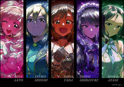  5girls ayase_honoka character_name column_lineup doyagao dress gloves hair_ornament highres idol idolmaster idolmaster_cinderella_girls kyunta looking_at_viewer multicolored_background multiple_girls one_eye_closed out_of_frame sato_shin shiomi_syuko shirayuki_chiyo sleeveless sleeveless_dress smile smug tada_riina upper_body 