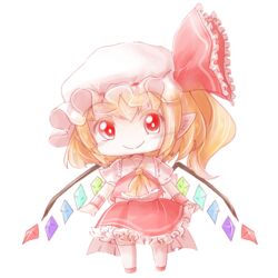  ascot blonde_hair bow chibi closed_mouth commentary_request crystal eyebrows_visible_through_hat female flandre_scarlet frilled_shirt_collar frills full_body hairbow hat kuriiro looking_at_viewer mob_cap one_side_up petticoat pointy_ears red_bow red_eyes red_skirt red_vest short_hair skirt smile solo standing touhou transparent_background vest white_hat wings wrist_cuffs yellow_ascot 