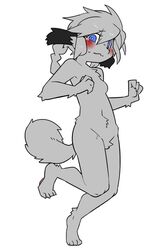  2022 2:3 anthro black_ears black_nose blue_eyes bodily_fluids breasts canid canine canis digital_media_(artwork) domestic_dog female female_anthro full-length_portrait fur grey_body grey_fur grey_hair hair hi_res kemono mammal monotone_body monotone_fur pawpads pink_pawpads pizademokttero portrait simple_background solo tail tail_tuft tears three-quarter_view tuft white_background 