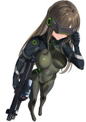  adjusting_eyewear arm_up armor armored_bodysuit armored_gloves blazingchaos bodysuit breasts brown_hair exoskeleton female from_above full_body goddess_of_victory:_nikke green_bodysuit gun hand_on_headwear highres holding holding_gun holding_weapon impossible_bodysuit impossible_clothes long_hair mass-produced_nikke medium_breasts shoulder_armor sidelocks simple_background skin_tight solo standing visor_(armor) weapon white_background 