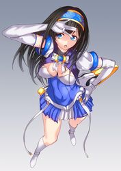  arm_up beat_angel_escalayer black_hair blue_eyes blue_hairband boots breasts cleavage cosplay dress elbow_gloves escalayer escalayer_(cosplay) female full_body gloves gradient_background grey_background hairband hand_on_own_hip highres idolmaster idolmaster_cinderella_girls idolmaster_cinderella_girls_starlight_stage knee_boots kouenji_sayuka large_breasts long_hair magical_girl open_mouth pleated_skirt puffy_short_sleeves puffy_sleeves q_(ed69) sagisawa_fumika short_dress short_sleeves skirt solo standing thigh_strap weapon white_footwear white_gloves 