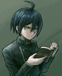  1boy ahoge black_hair black_jacket book brown_background brown_eyes buttons closed_mouth commentary_request danganronpa_(series) danganronpa_v3:_killing_harmony double-breasted gakuran hair_between_eyes holding holding_book jacket long_sleeves looking_at_viewer male_focus namu_(nurui_cha) saihara_shuichi school_uniform short_hair simple_background smile solo striped_clothes striped_jacket translation_request upper_body 