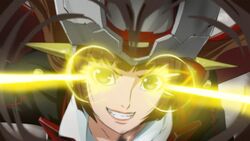  brown_eyes brown_hair eye_beam female glowing glowing_eyes haruyama_kazunori hat long_hair looking_at_viewer mazinger_(series) mazinger_z mazinger_z:_infinity parody robot_girls_z smile solo style_parody teeth z-chan 