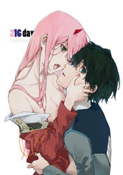  1boy absurdres artist_name bare_shoulders black_hair blue_eyes breasts chenaze57 collarbone commentary couple darling_in_the_franxx female from_side green_eyes grey_jacket hair_between_eyes hand_on_another&#039;s_arm hand_on_another&#039;s_cheek hand_on_another&#039;s_face highres hiro_(darling_in_the_franxx) holding horns hug jacket lips long_hair long_sleeves looking_at_another looking_at_viewer military military_uniform nail_polish off_shoulder one_eye_closed oni_horns open_mouth parted_lips photoshop_(medium) pink_nails red_horns red_jacket simple_background straight teeth uniform upper_body white_background zero_two_(darling_in_the_franxx) 