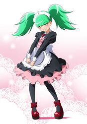  ankle_bow apron back_bow biburi_(precure) black_dress black_pantyhose blunt_bangs blush bow closed_mouth dress female floating_hair fuchi_(nightmare) full_body gothic_lolita green_hair holding holding_plate kirakira_precure_a_la_mode layered_dress lolita_fashion long_hair long_sleeves looking_at_viewer maid maid_headdress medium_dress neck_ribbon pantyhose pink_dress plate precure red_bow red_footwear red_ribbon ribbon smile solo standing twintails two-tone_dress waist_apron white_apron white_bow yellow_eyes 