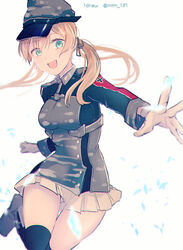  aqua_eyes bad_id bad_twitter_id black_thighhighs blonde_hair blush female gloves grey_hat hair_between_eyes hat kantai_collection kouga_(mutsumi) long_hair long_sleeves low_twintails military military_hat military_uniform open_mouth peaked_cap pleated_skirt prinz_eugen_(kancolle) rudder_footwear simple_background skirt smile solo thighhighs twintails twitter_username uniform white_background white_gloves white_skirt 