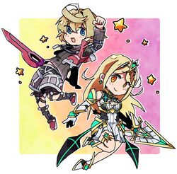  1boy armor bare_shoulders blonde_hair blue_eyes breasts chibi dress earrings female gem gloves headpiece jewelry large_breasts long_hair looking_at_viewer monado mugimugis mythra_(xenoblade) open_mouth short_hair shulk_(xenoblade) simple_background smile super_smash_bros. swept_bangs sword tiara very_long_hair vest weapon xenoblade_chronicles_(series) xenoblade_chronicles_1 xenoblade_chronicles_2 yellow_eyes 