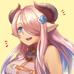  :d blue_eyes brown_horns draph female granblue_fantasy hair_ornament hair_over_one_eye highres horns long_hair napoli-tan_(deuil) narmaya_(granblue_fantasy) open_mouth pink_hair pointy_ears smile solo upper_body yellow_background 