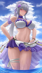  absurdres archstreal bare_shoulders bikini blue_sky blush breasts cleavage closed_mouth collarbone female grey_hair hair_ornament highres large_breasts long_hair looking_at_viewer mole mole_on_breast nail_polish navel original outdoors ponytail purple_eyes purple_nails sky solo swimsuit thigh_strap thighs tower_of_fantasy wanderer_(tower_of_fantasy) water white_bikini 