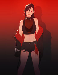  black_hair breasts casual crop_top cutoffs earrings elezen elf female final_fantasy final_fantasy_xiv gradient_background hair_between_eyes highres hilda_ware hyur jacket jewelry koyorin looking_to_the_side medium_breasts midriff navel off_shoulder open_clothes open_jacket pointy_ears ponytail red_eyes see-through short_shorts shorts sleeveless solo 