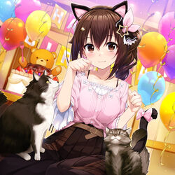  :3 amagai_tarou animal_ears animal_on_lap ankimo_(tokino_sora) balloon belt birthday_cake black_hairband black_skirt blush bow bra_strap breasts brown_belt brown_eyes brown_hair buttons cake cat_ears cat_on_lap cat_tail closed_mouth collarbone commentary fake_animal_ears fake_tail feet_out_of_frame feline female food frilled_shirt frills hair_between_eyes hair_flaps hair_ornament hair_ribbon hairband happy_birthday highres hololive indoors intertwined_tails long_hair looking_at_viewer medium_breasts official_alternate_costume official_alternate_hairstyle on_lap paw_pose pink_bow pink_ribbon pink_shirt pleated_skirt ribbon shirt shirt_tucked_in side_ponytail sitting skirt smile solo star_(symbol) star_hair_ornament tail tail_bow tail_ornament tokino_sora tokino_sora_(casual) undershirt virtual_youtuber wariza wavy_hair white_shirt 