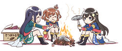  3girls :i =_= aijou_karen ankle_boots aqua_jacket back_bow belt black_footwear black_hair blue_eyes blue_jacket blue_skirt blush bonfire boots bow box brown_hair chewing closed_eyes closed_mouth commentary_request cooking crown dagger dot_mouth eating epaulettes facing_another fire food food_bite food_on_face gold_trim green_bow green_jacket hair_ornament hand_on_own_knee hands_up holding holding_dagger holding_food holding_knife holding_weapon ito_fumi jacket kagura_hikari knees_up knife leaf leaf_pile long_hair long_sleeves looking_at_food looking_at_object mini_crown miniskirt multiple_girls nose_blush open_box outstretched_arms parted_lips pleated_skirt profile purple_hair red_sash red_skirt roasted_sweet_potato roasting sash short_hair shoujo_kageki_revue_starlight sidelocks simple_background single_stripe sitting skirt smile smoke sparkle_hair_ornament striped_clothes striped_skirt stuffed_animal stuffed_toy sweet_potato tassel teddy_bear tilted_headwear translation_request tsuyuzaki_mahiru two_side_up very_long_hair waist_cape warming_hands weapon white_background yellow_belt 