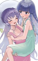  2girls :d :o ^_^ blue_hair blush carrying closed_eyes dress furude_rika green_dress hanyuu highres higurashi_no_naku_koro_ni multiple_girls oici_ne open_mouth pink_dress princess_carry purple_eyes purple_hair smile white_background 