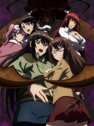  5girls blazer blue_eyes braid breasts brown_eyes brown_hair bug cleavage crossed_arms flower giant_insect glasses hair_flower hair_ornament hairclip headband highres jacket jewelry jinno_mirei kyochuu_rettou lipstick long_hair makeup matsuoka_ayumi miniskirt miura_mami multiple_girls naruse_chitose necklace official_art open_mouth oribe_mutsumi oversized_insect pantyhose pink_eyes pink_hair red_eyes red_hair school_uniform shirt short_hair skirt tomboy twintails white_shirt 