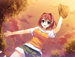  :d alpha_(yukai_na_nakamatachi) baseball_mitt blue_eyes breasts criss-cross_halter dusk female from_below game_cg green_shorts hair_between_eyes hair_intakes hair_ornament halterneck highres kourin_no_machi_lavender_no_shoujo lens_flare looking_at_viewer medium_breasts medium_hair one_side_up open_mouth red_hair shirt short_shorts short_sleeves shorts smile solo standing suzuki_haruka_(kourin_no_machi_lavender_no_shoujo) white_shirt x_hair_ornament yellow_shirt 