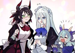  3girls :d ^_^ ascot azaya_(kuroi_azaya) black_hair blue_eyes blue_hair breasts closed_eyes closed_mouth dragon_girl dragon_horns duel_monster fingerless_gloves flying_sweatdrops glasses gloves green_eyes horns house_dragonmaid juliet_sleeves kisara_(yu-gi-oh!) laundry_dragonmaid long_sleeves maid maid_headdress multiple_girls oerba_yun_fang open_mouth puffy_sleeves smile upper_body white_hair yu-gi-oh! 