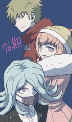  1boy 2girls :d alternate_hair_color ando_ruruka blonde_hair blue_background brown_jacket collared_shirt commentary_request danganronpa_(series) danganronpa_3_(anime) dress_shirt flipped_hair fur-trimmed_jacket fur_collar fur_trim green_hair green_headwear grey_hair hat izayoi_sounosuke jacket kimura_seiko long_hair looking_at_viewer mask mouth_mask multiple_girls namu_(nurui_cha) open_mouth pink_eyes pink_jacket purple_eyes shirt short_hair simple_background smile translation_request white_shirt 