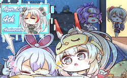  4girls ^_^ ^o^ absurdres ahoge animal_ears ayanami_(azur_lane) ayanami_(off-duty_battle_station_gear)_(azur_lane) azur_lane benizika brown_eyes chibi closed_eyes commentary_request copyright_name english_text eye_mask fake_animal_ears hair_between_eyes hair_ornament hair_ribbon hairband hairclip headgear highres javelin_(azur_lane) javelin_(operation:_pillow_fight!)_(azur_lane) laffey_(azur_lane) laffey_(sleep_to_clean_another_day)_(azur_lane) long_hair looking_at_viewer manjuu_(azur_lane) multiple_girls one_side_up pajamas ponytail prinz_eugen_(azur_lane) prinz_eugen_(cordial_cornflower)_(azur_lane) purple_hair rabbit_ears retrofit_(azur_lane) ribbon short_sleeves sidelocks sleeping sweatdrop twintails twitter_username watching white_hair z23_(azur_lane) z23_(keeper_of_the_comf-fort)_(azur_lane) zzz 