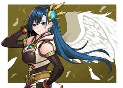  angel_wings blue_hair breasts cleavage closed_mouth detached_sleeves earrings female fingerless_gloves gloves green_eyes jewelry long_hair looking_at_viewer maria_traydor smile solo star_ocean star_ocean_till_the_end_of_time umaguti wings 